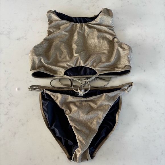PQ Euphoria Gold Two Piece Swimsuit Size M NWT